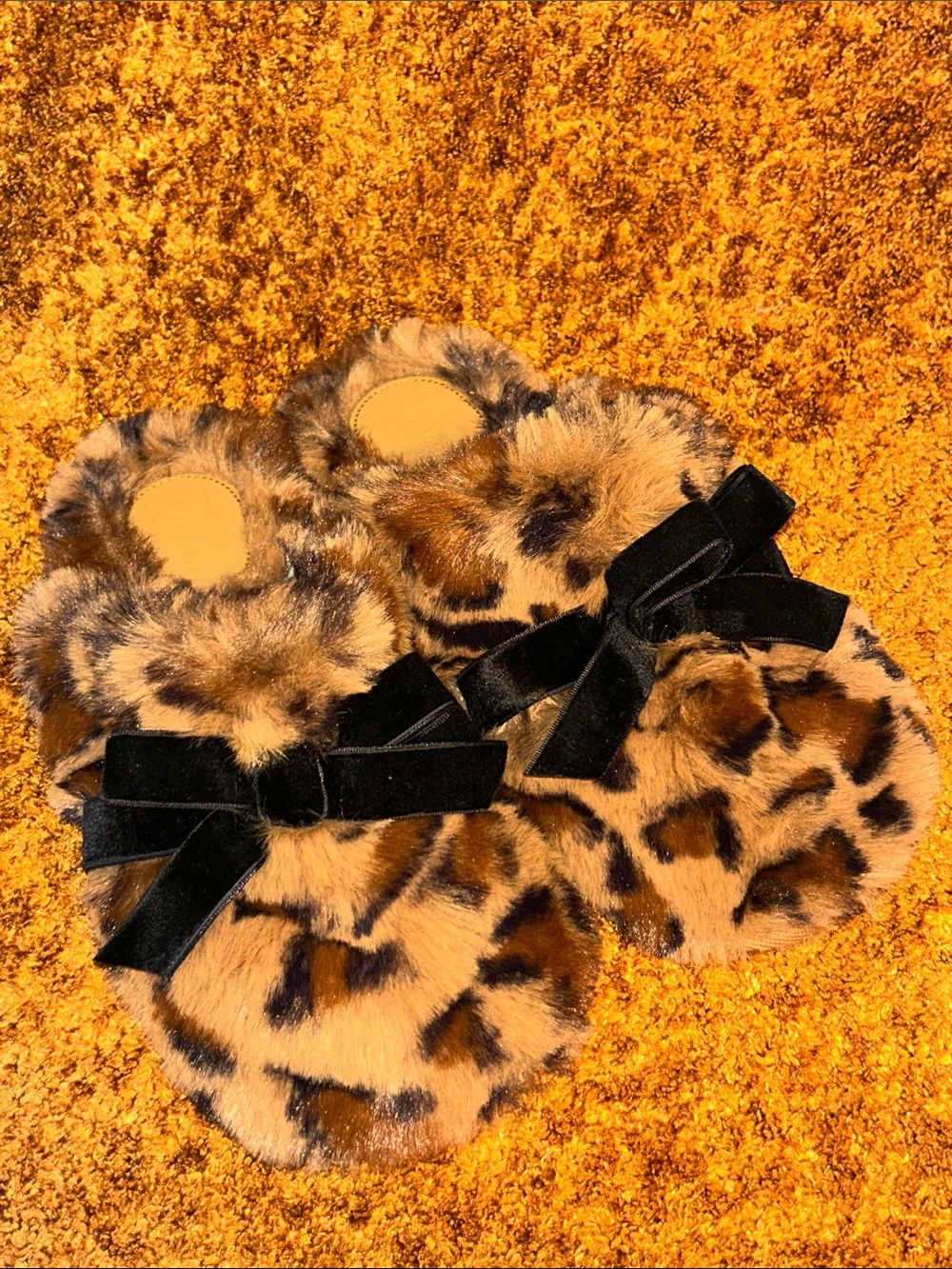 Auden Leopard Faux-Fur Slip-On Slippers with Black Velvet Bow